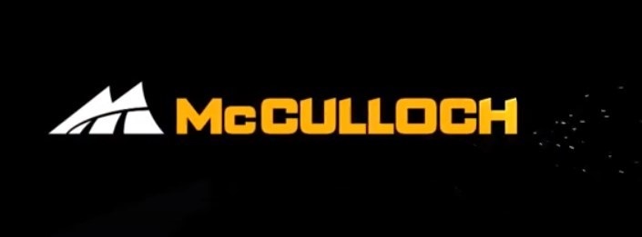 Logo jaune de la marque de débroussailleuse McCulloch sur fond noir